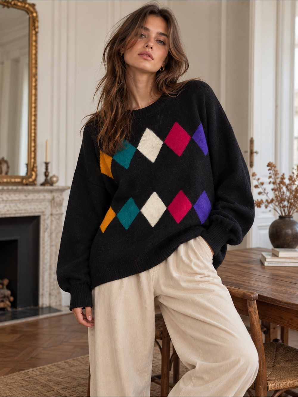 Vintage 80s 90s Preppy Hunt Club Lambswool Blend Argyle Sweater Black Large